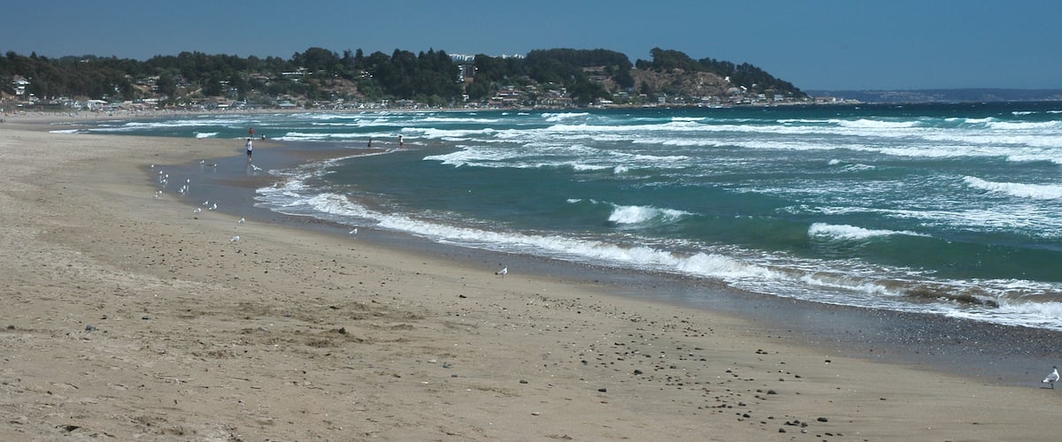 A sandy beach with waves, a clear blue sky, and a forested hill in the background.