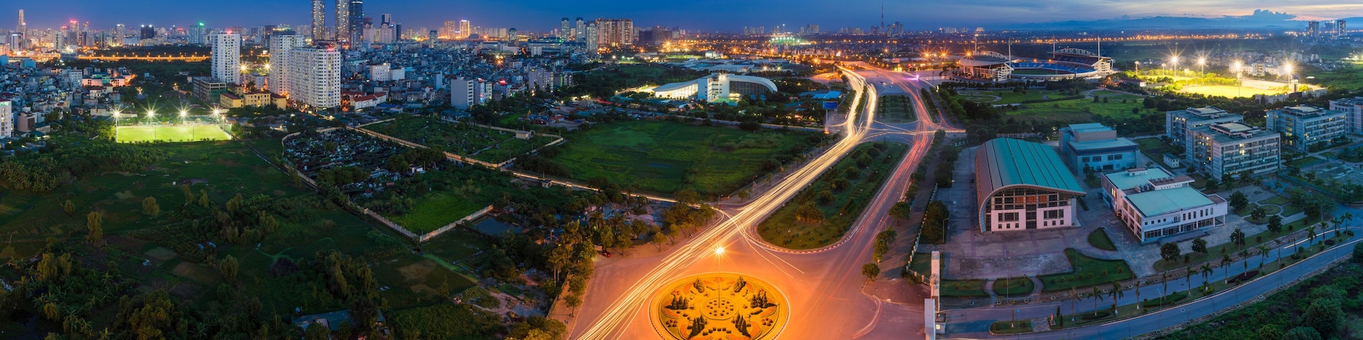 Aerial view of Hanoi skyline by twilight period. Hanoi cityscape with Le Duc Tho street, way of My Dinh stadium entrance