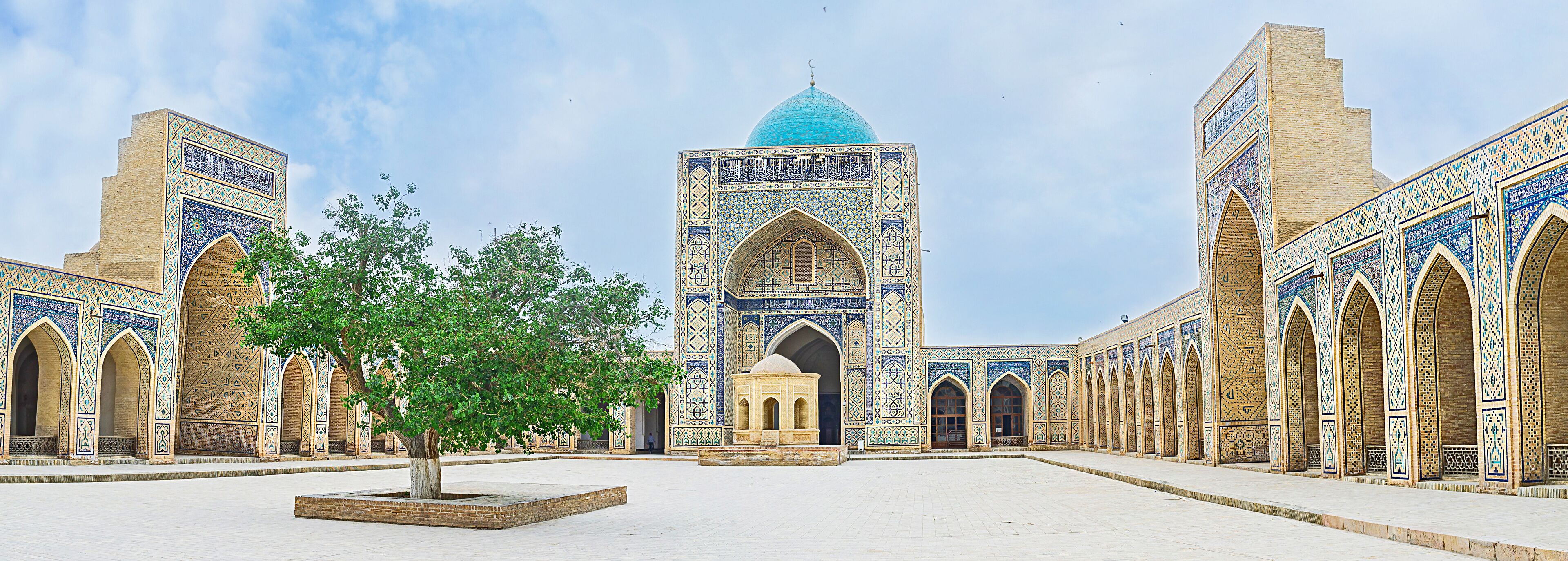 Panorama of the courtyard of medieval Kalyan Mosque, Poi Kalan complex, Bukhara, Uzbekistan 