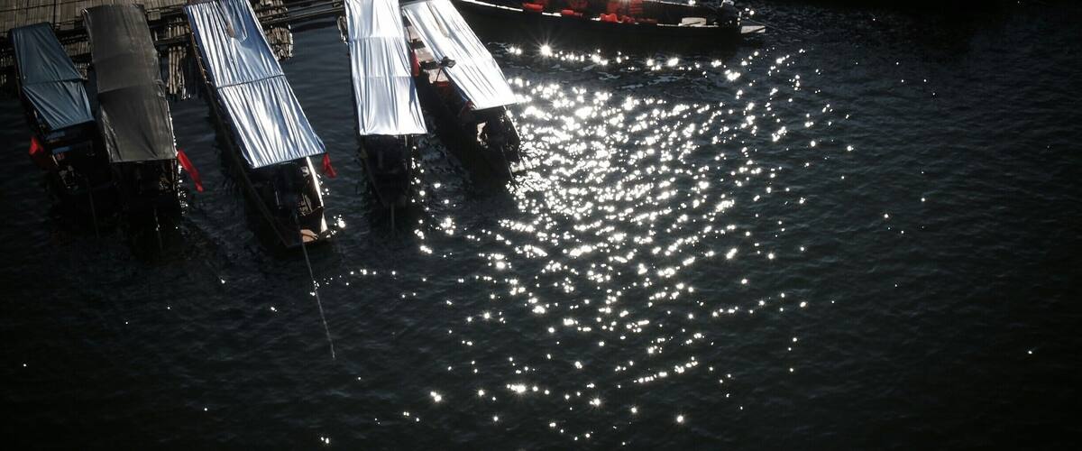 A nighttime view of a dock with boats and covered structures reflecting on the water.