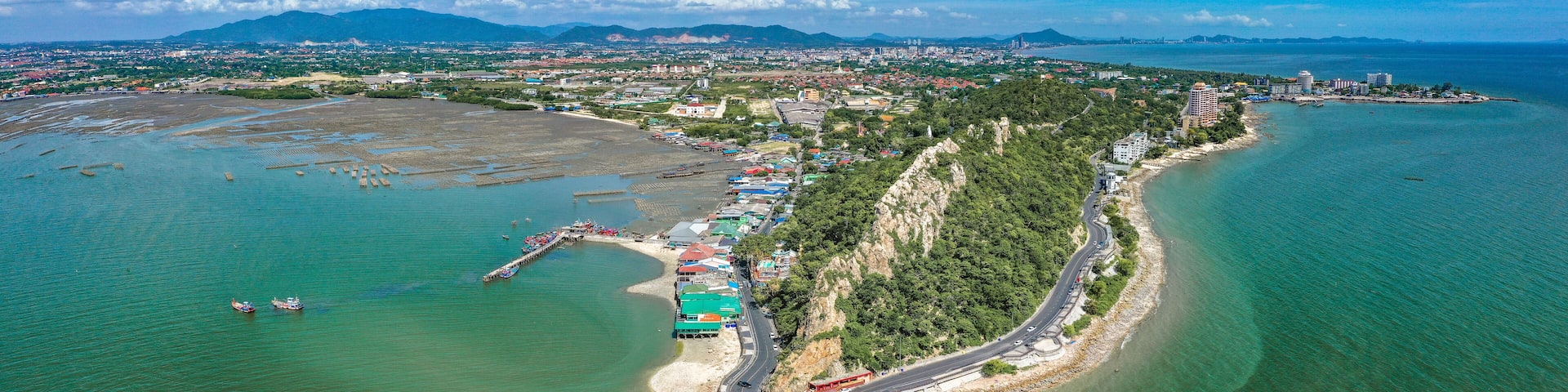 Aerial view of Bang Saen Kao Sam Muk hill viewpoint, near Pattaya, Chonburi, Thailand