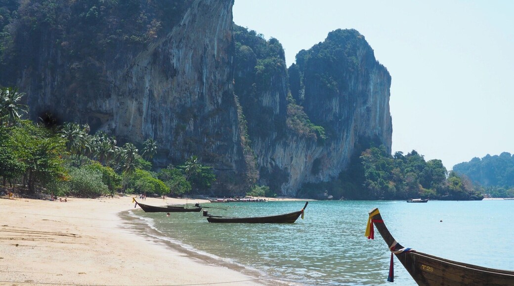 A 20 minute clamber up and over rocks (rope-assisted) from Railay West beach will take you to this gem. Quieter than the other beaches around Railay, and with coarser sand, it's nevertheless well worth making the effort.
Read more at
http://www.aboveusonlyskies.com/reflections-on-railay/