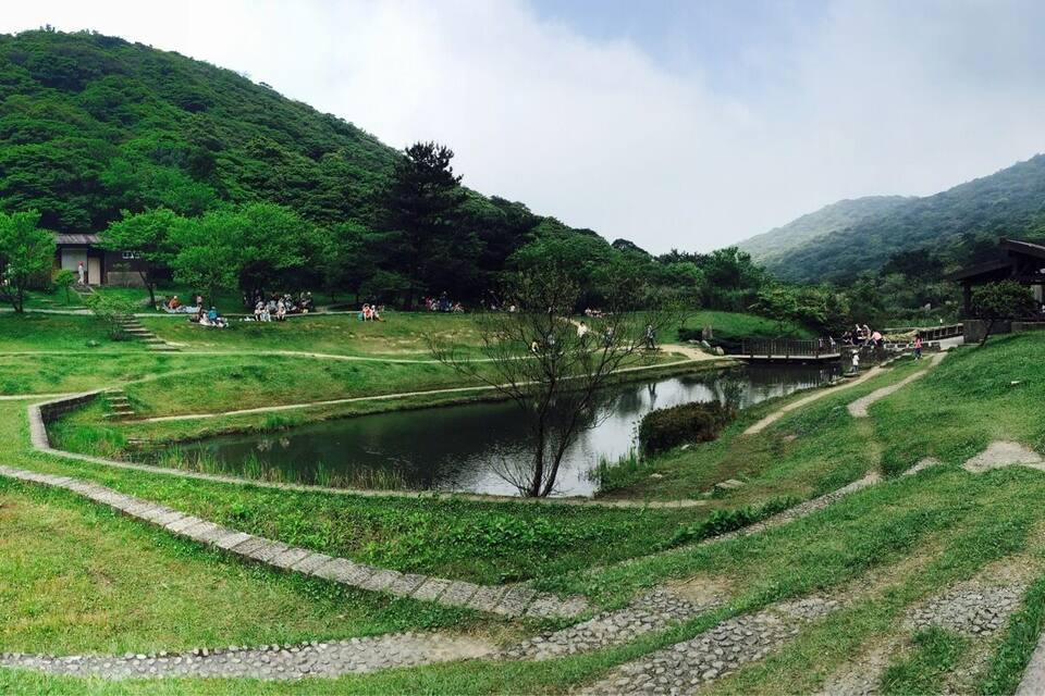Terraced fields, a pond, a wooden structure, and a mountain.