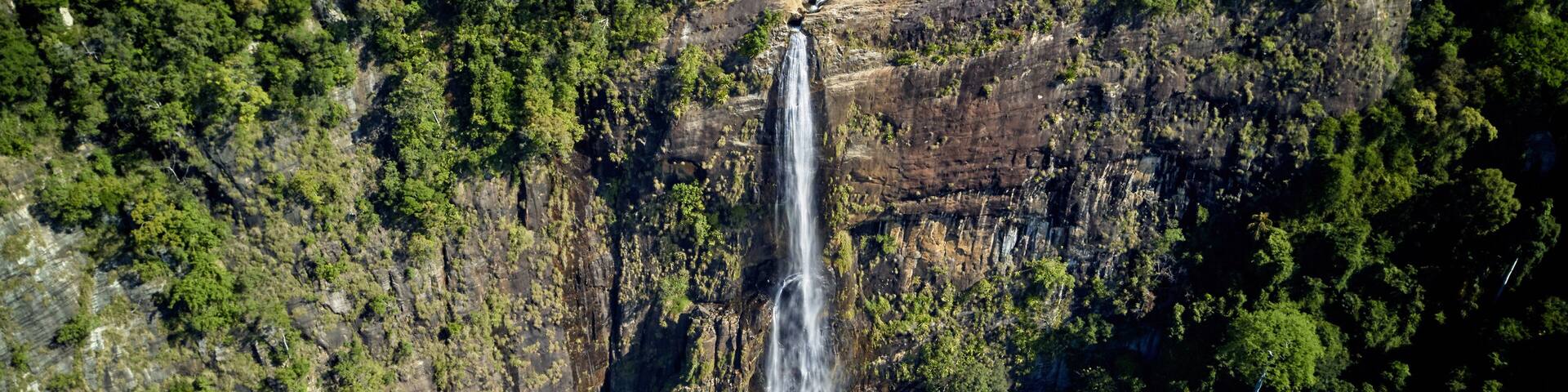 A waterfall cascading down a rocky cliff surrounded by dense green forest.
