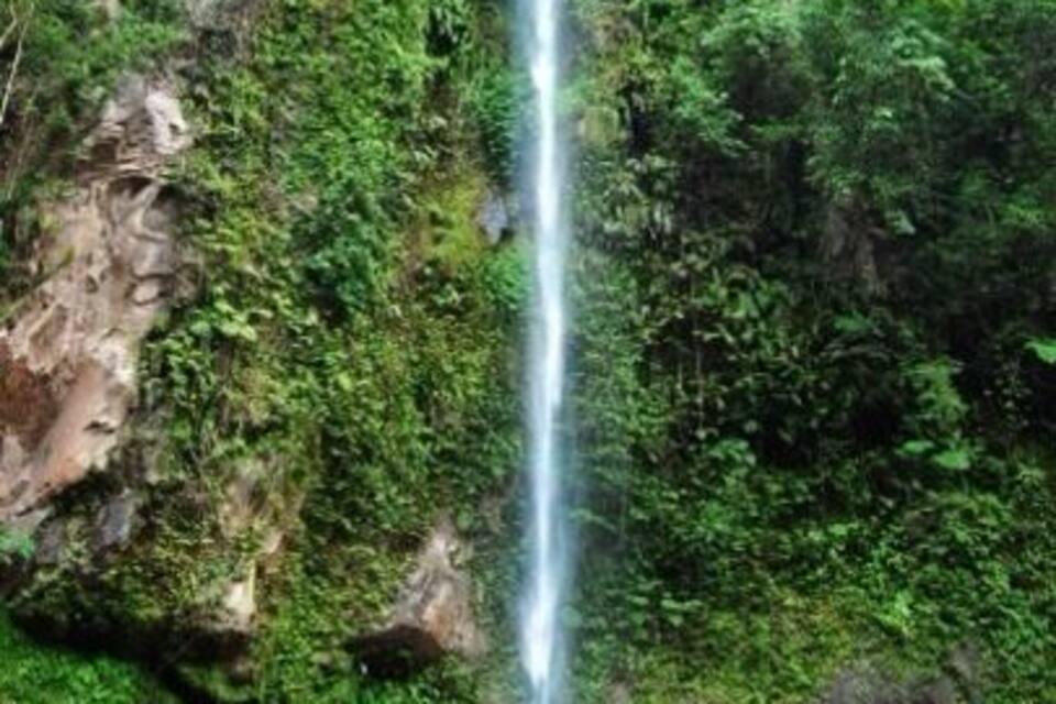 Uma cachoeira alta cercada por vegetação exuberante.