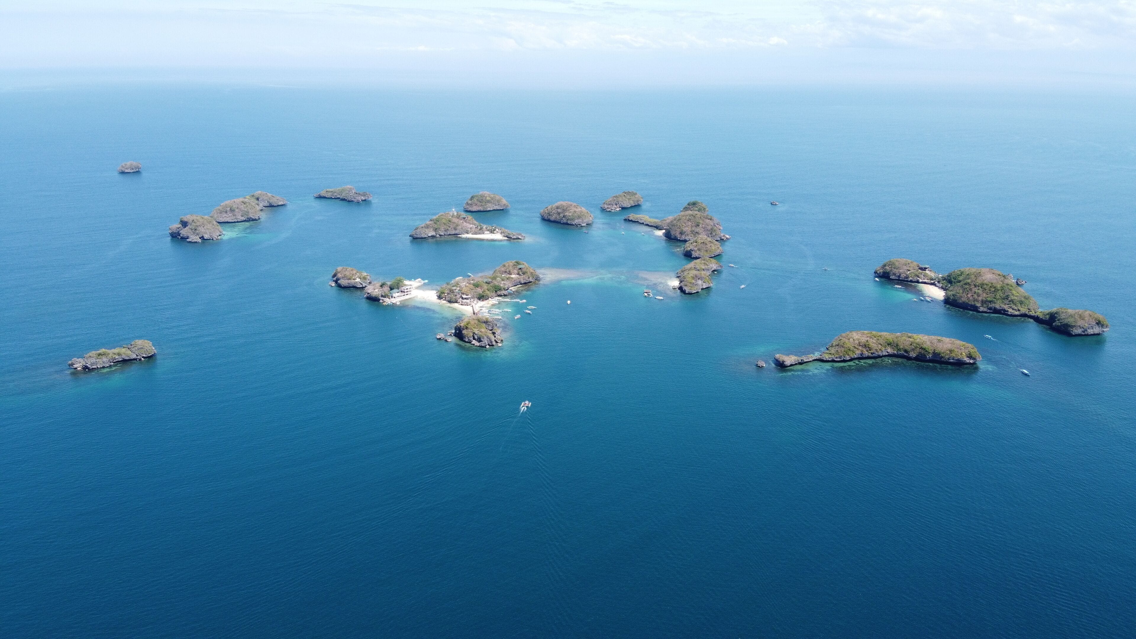 Distant Aerial of Hundred Islands in Alaminos, Pangasinan, Philippines. It is a national park and a protected area.