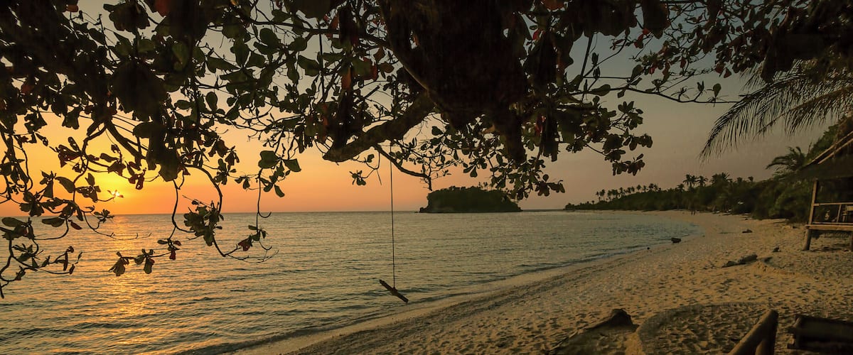 A beach at sunset with a wooden walkway, palm trees, and a distant island.