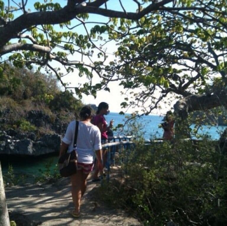 A coastal path with people walking, overlooking a body of water.