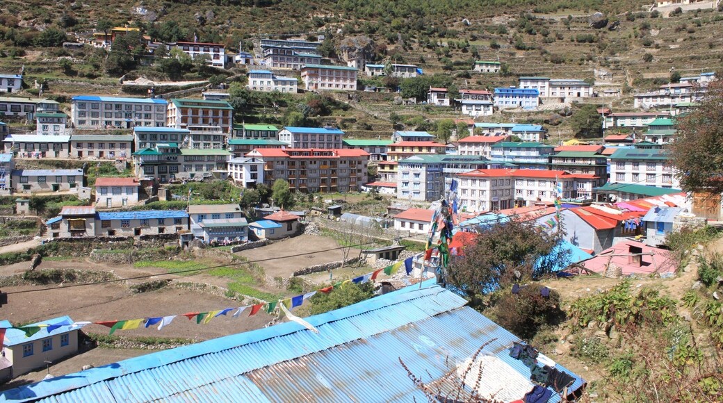 This is the village of Namche, the "capital" of the Sherpa people in Nepal. A place to stay 2 nights if you are following a sensible altitude acclimatisation schedule. Not only for yourself, but for your porters too! #nepal #himalaya #trekking