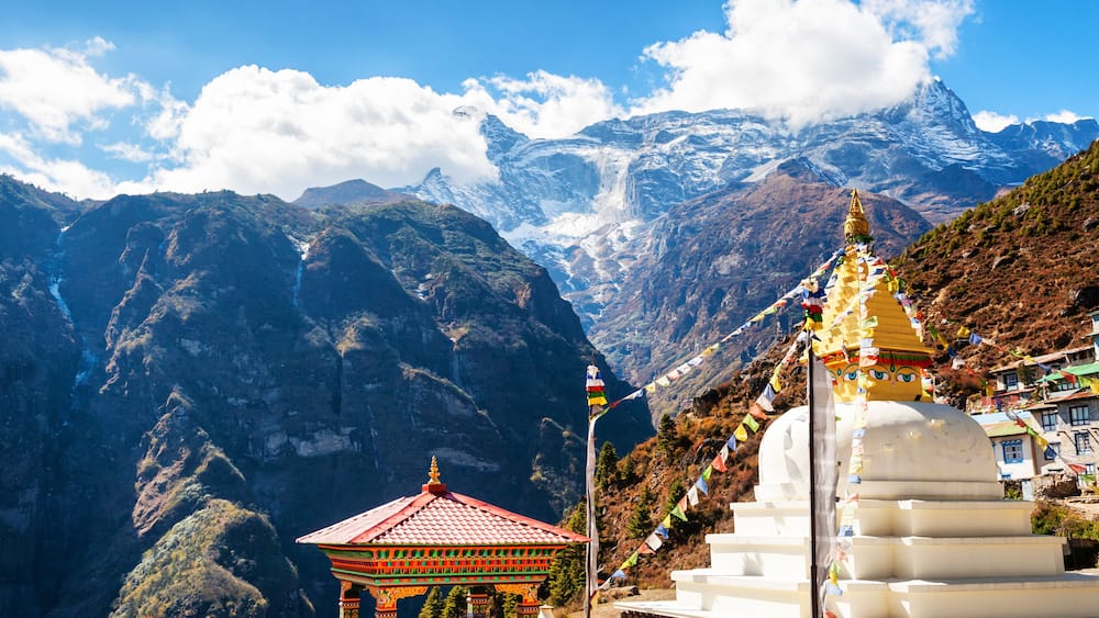 Buddhist stupa in Namche Bazar village in Himalayas, Nepal. Khumbu valley, Everest region