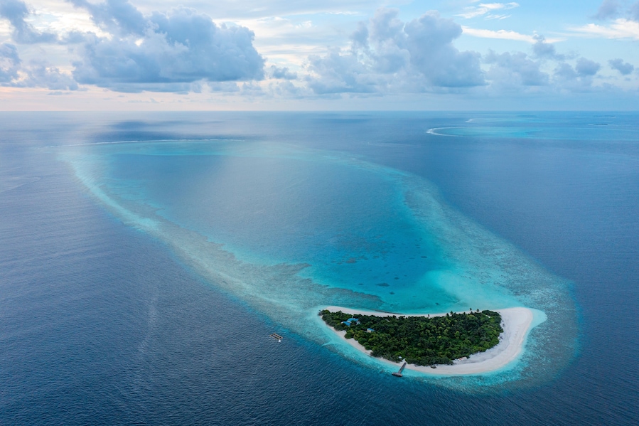 Aerial view of Raa Atoll on Fenfushi Island, Laccadive Sea, Indian Ocean, Maldives archipelagos.