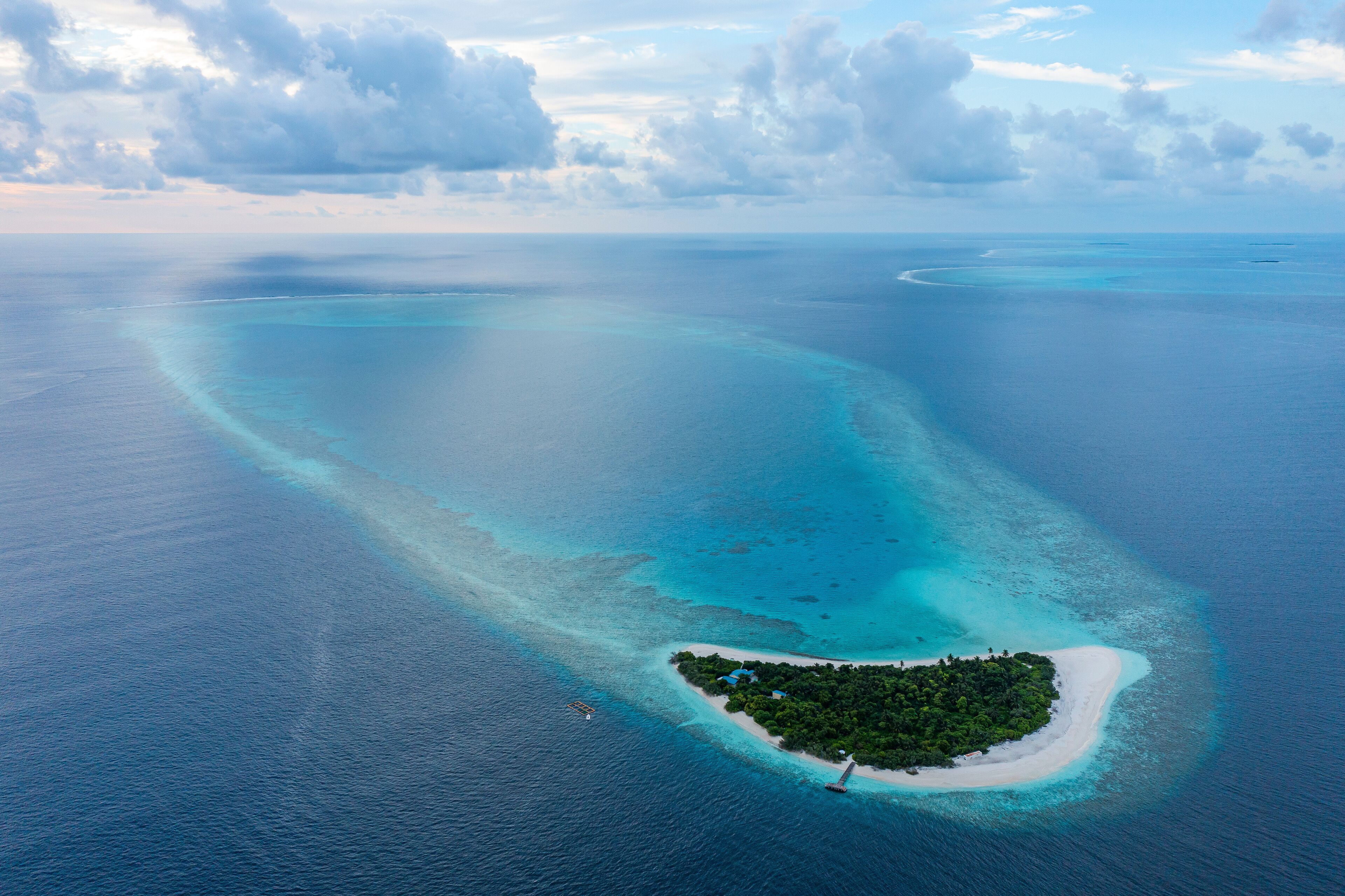 An aerial view of a turquoise atoll with clear waters and a small island with dense vegetation.