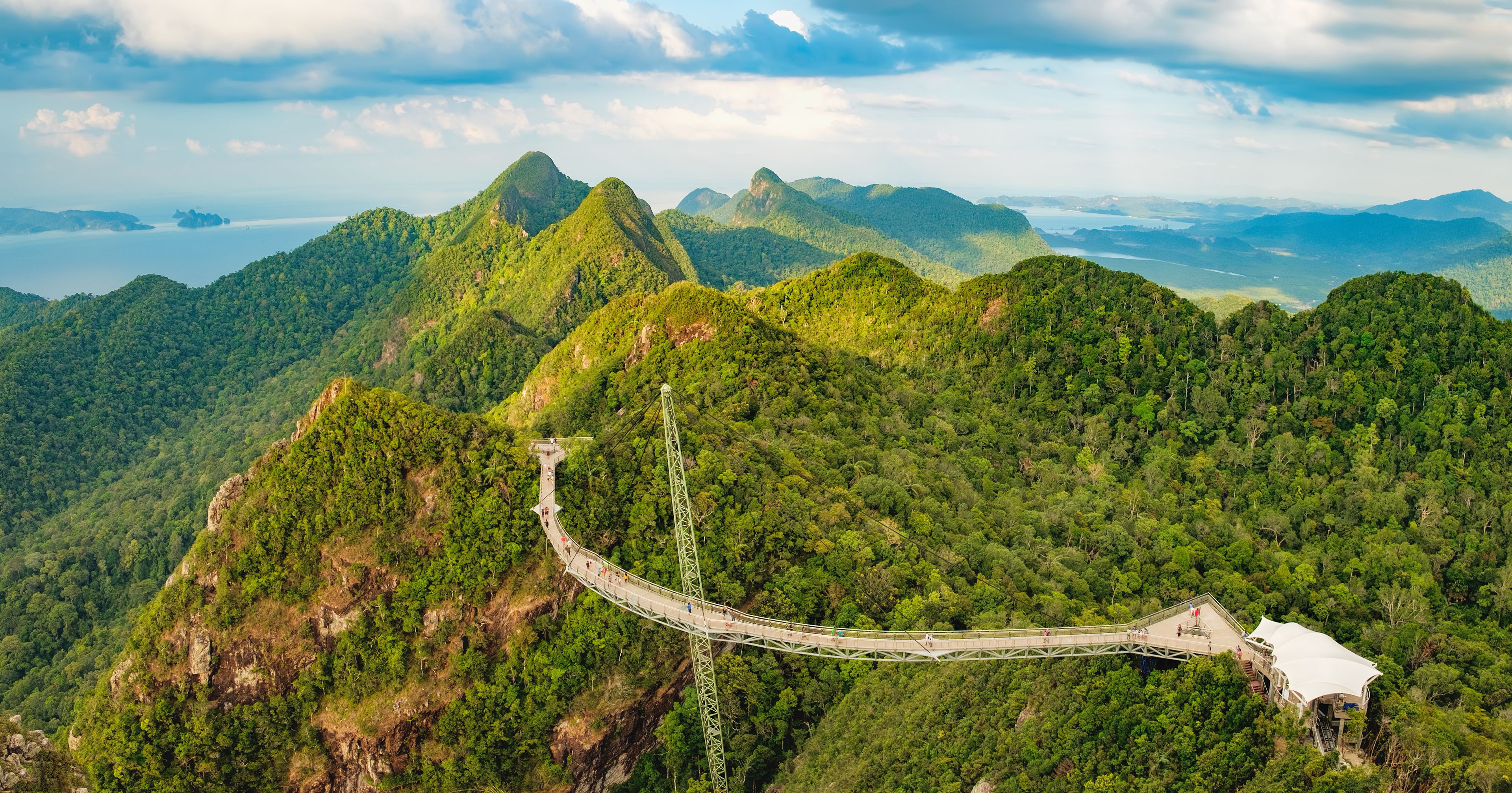 A suspension bridge over a lush green valley with mountains in the background.