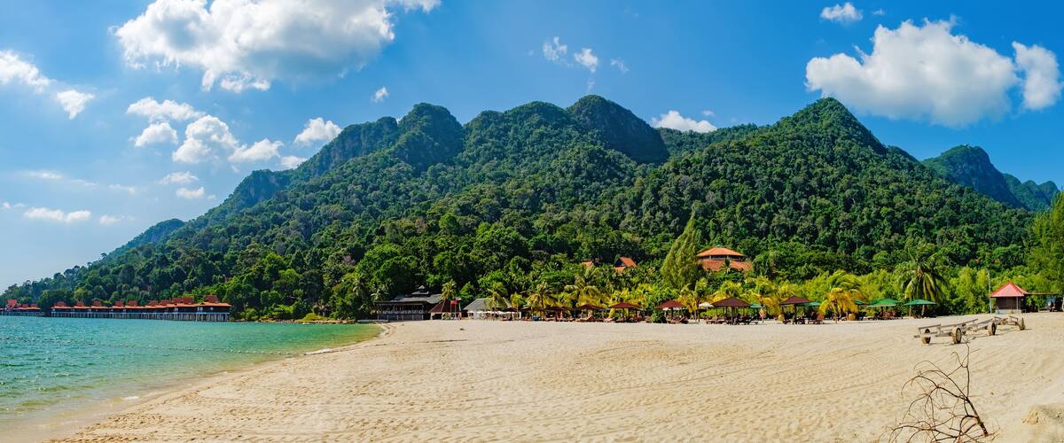 A beach with a mountain backdrop, palm trees, and beach huts.