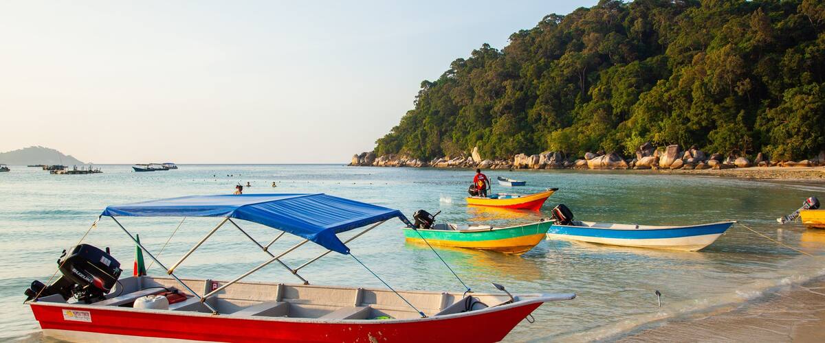 A beach with several small boats anchored near the shore, surrounded by a forested hillside.