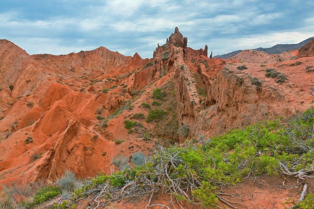 August 2013
Fairy tale canyon, Issyk-kul lake

Skazka (=Fairy tale) canyon on the south shore of Issyk-kul lake. It is located few kilometres from Tosor village and contains yellow, orange or red sandstone formations of various shapes resembling fairy tale dragons, giants or castles. This particular formation is called the Chinese wall from obvious reason. The origin is mostly from wind and rain erosion. The orange shades are contrasting with occassional shrubs of several kinds like sea buckthorn (Hippophae Rhamnoides). 