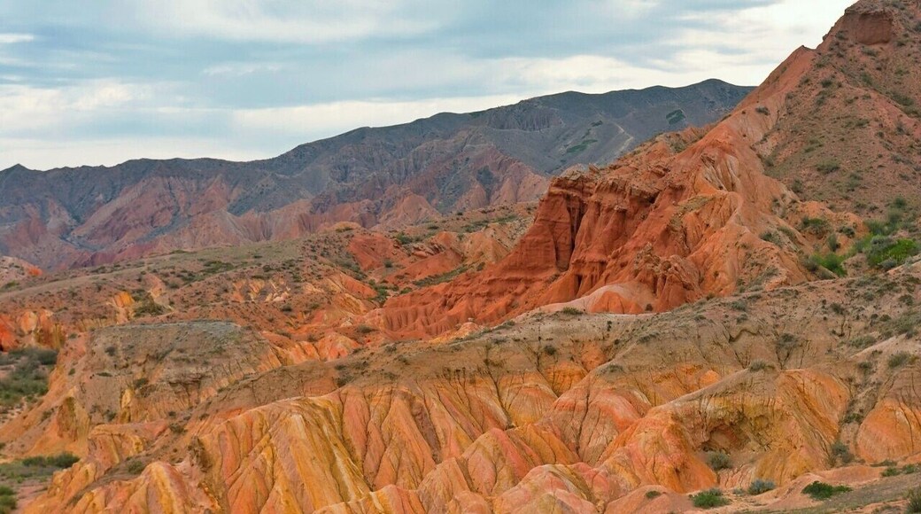 August 2013
Fairy tale canyon, Issyk-kul lake
Skazka (=Fairy tale) canyon on the south shore of Issyk-kul lake. It is located few kilometres from Tosor village and contains yellow, orange or red sandstone formations of various shapes resembling fairy tale dragons, giants or castles. This particular formation is similar to Rainbow hills in Iceland or rock chimneys in Cappadocia. The origin is mostly from wind and rain erosion.