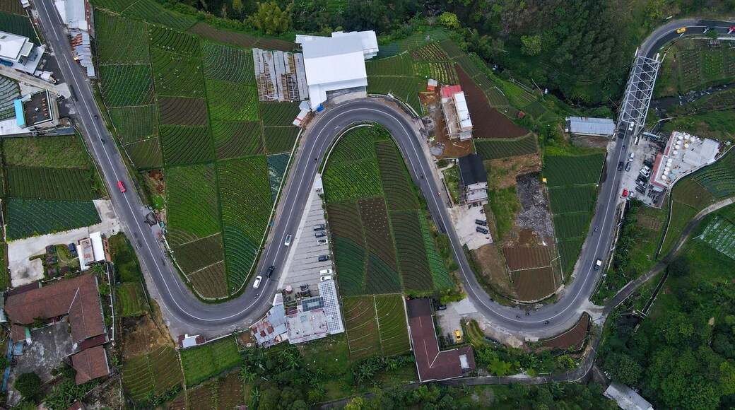 Aerial view, winding road in Tawangmangu on the edge there are plantation fields