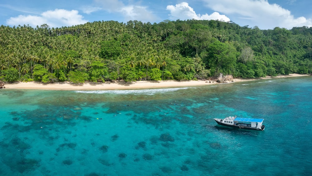 A boat on turquoise waters, a sandy beach, and a forested hill.