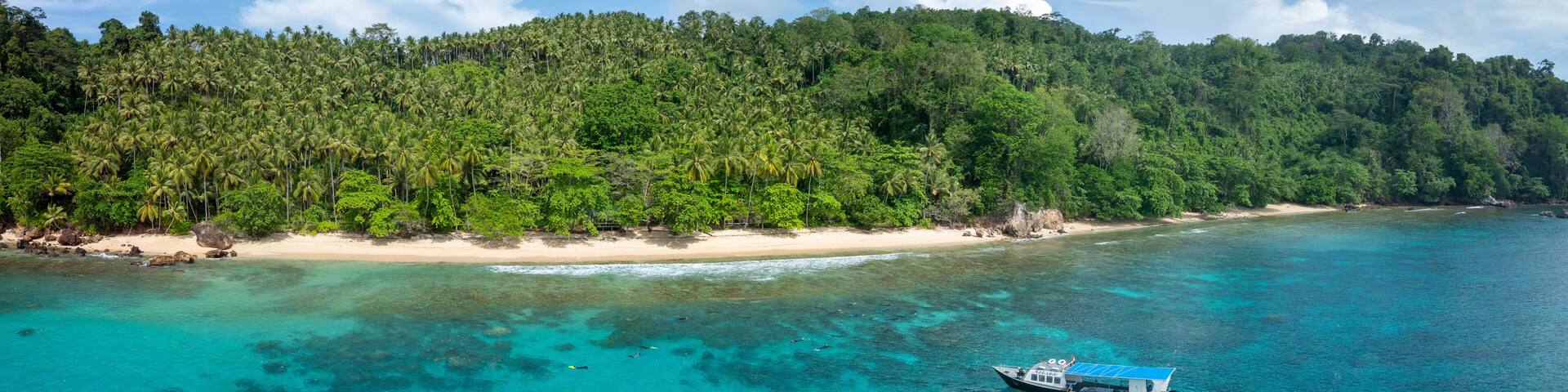 A boat on turquoise waters, a sandy beach, and a forested hill.