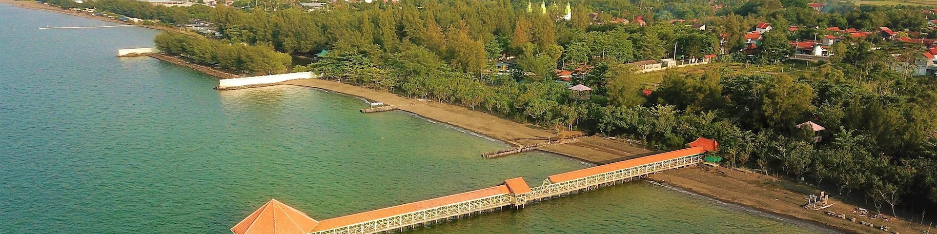 Beautiful aerial view, natural panorama - The beauty of the pier on Pemalang beach, Central Java-Indonesia.