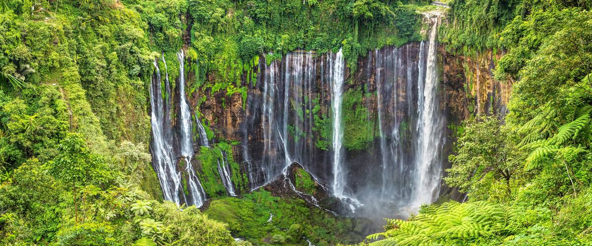 A multi-tiered waterfall surrounded by lush green forest.