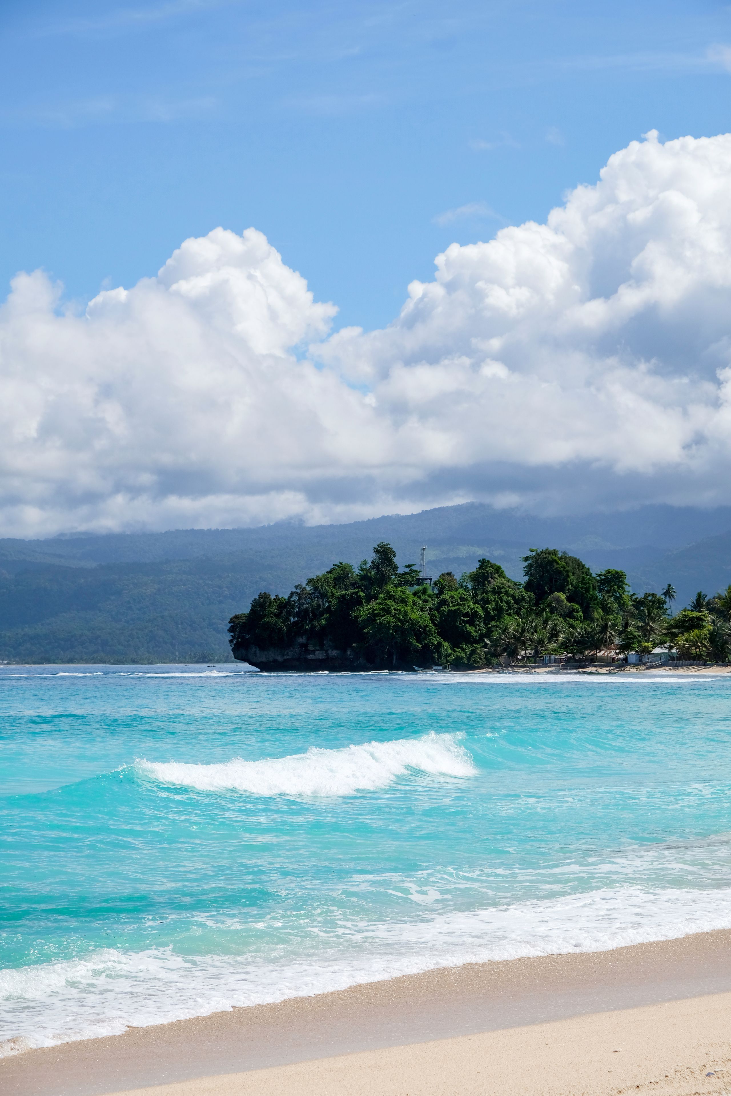 Une plage à l’eau turquoise, un rivage sablonneux et une petite île couverte d’une végétation luxuriante.