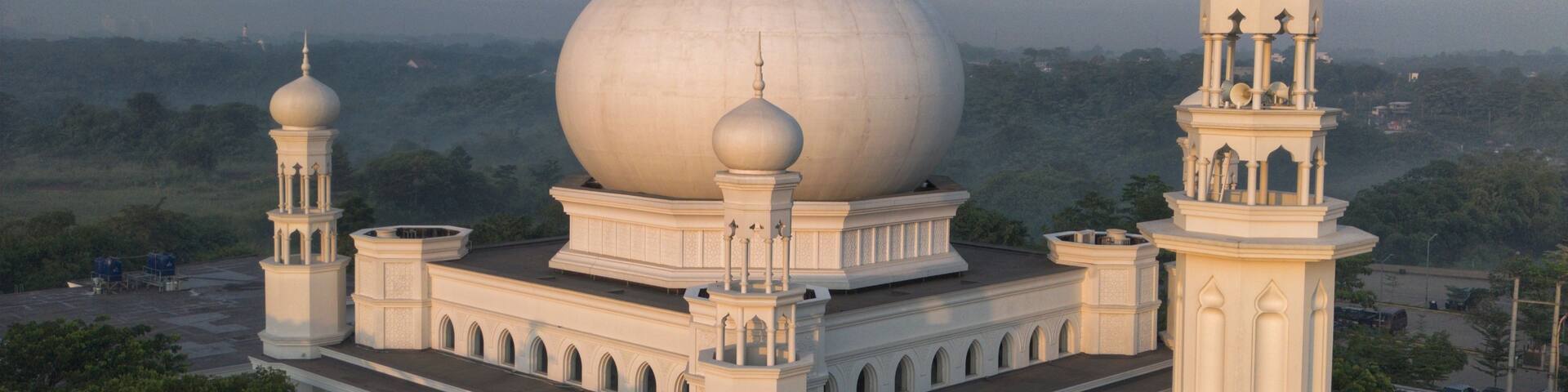 A large mosque with a prominent dome and minarets, surrounded by lush greenery.