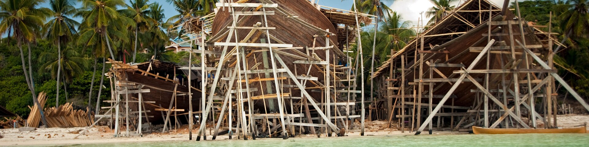 Traditional Pinisi wooden sailing boat construction, Bira Sulawesi Indonesia