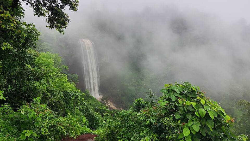 A waterfall surrounded by dense green foliage and mist.