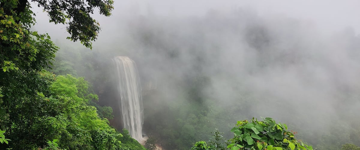 A waterfall surrounded by dense green foliage and mist.