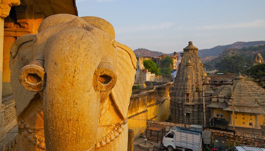 Jagat Shiromani Hindu Temple in Amber near Jaipur in Rajasthan in India during sunrise