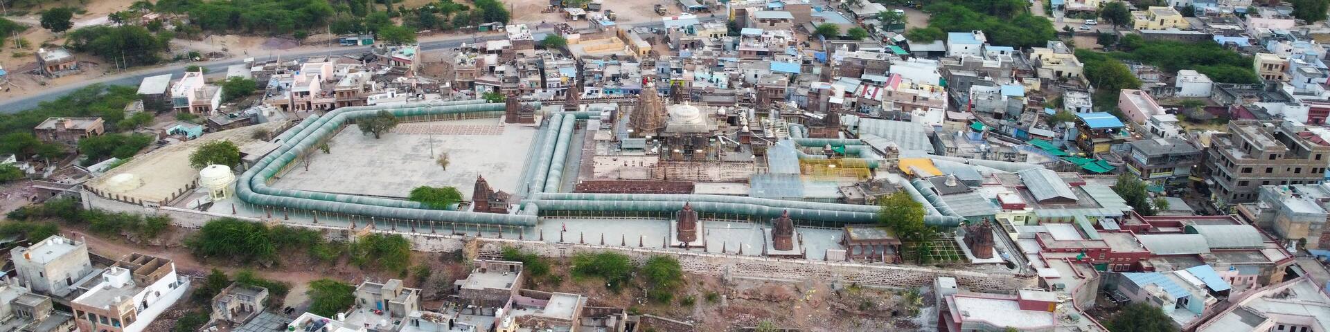 Osian, Rajasthan, India 2nd March 2023: The Sachchiya Mata Temple is located in Osian, near Jodhpur city in the Indian state of Rajasthan. Kuldevi. Jodhpur - Bikaner Highway. Drone shots.