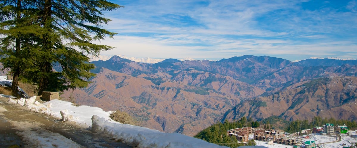 A mountainous landscape with snow-covered slopes, a village at the base, and a prominent evergreen tree on the left.