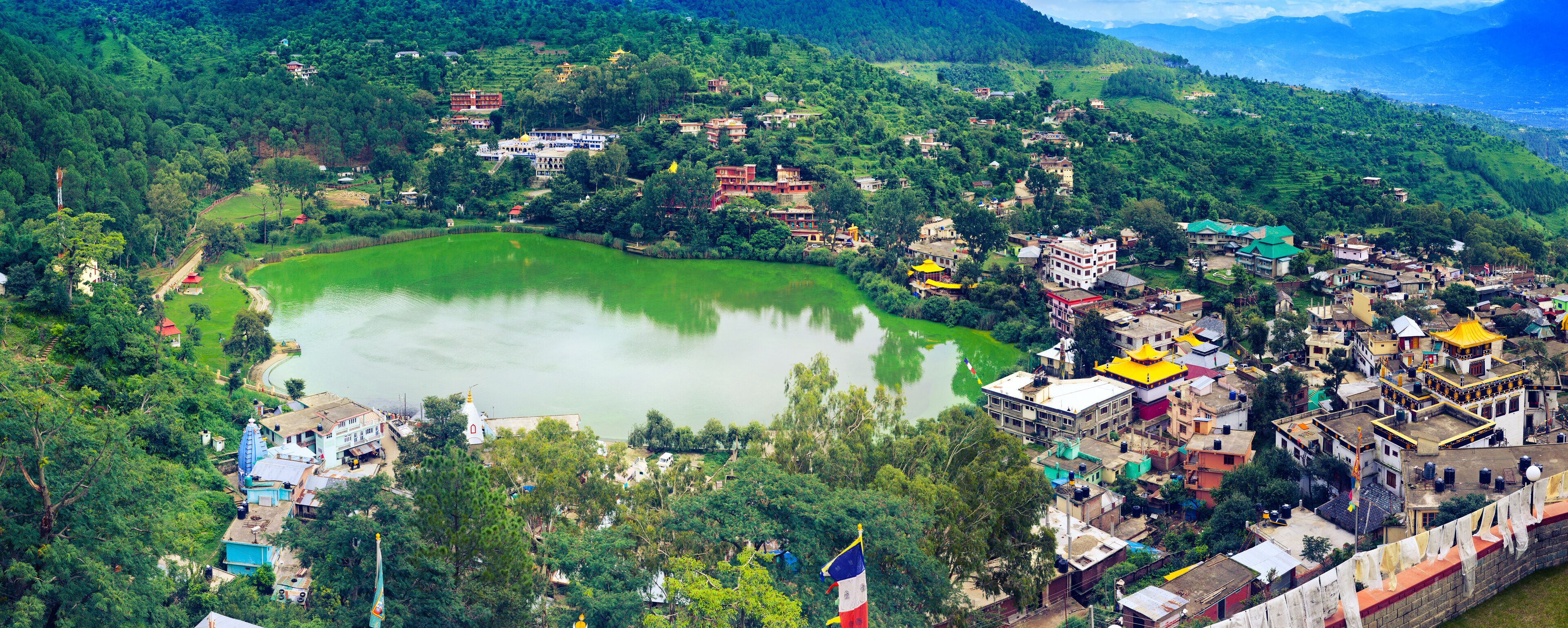 Panoramic view of Rewalsar Lake. Mandi district, Himachal Pradesh, India