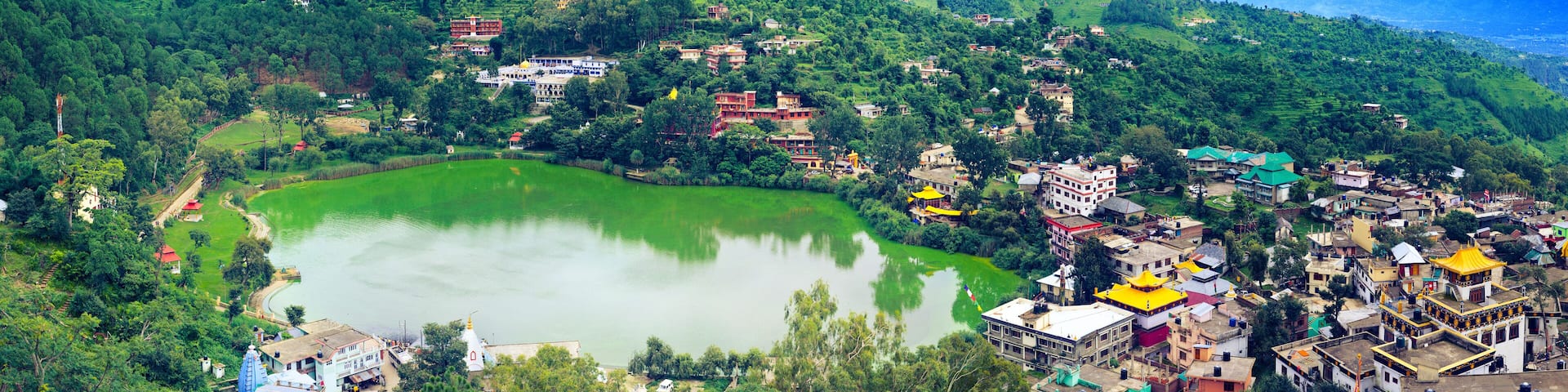 Panoramic view of Rewalsar Lake. Mandi district, Himachal Pradesh, India