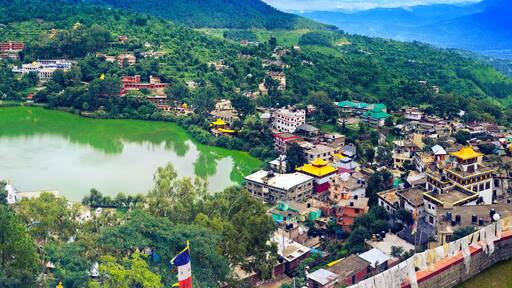 Panoramic view of Rewalsar Lake. Mandi district, Himachal Pradesh, India