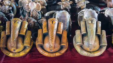 Colorful Lord Ganesha, Terracotta dolls displayed, made in Krishnanagar, Nadia, West Bengal, for sale in Handicraft Fair in Kolkata. Biggest handicraft fair in Asia.