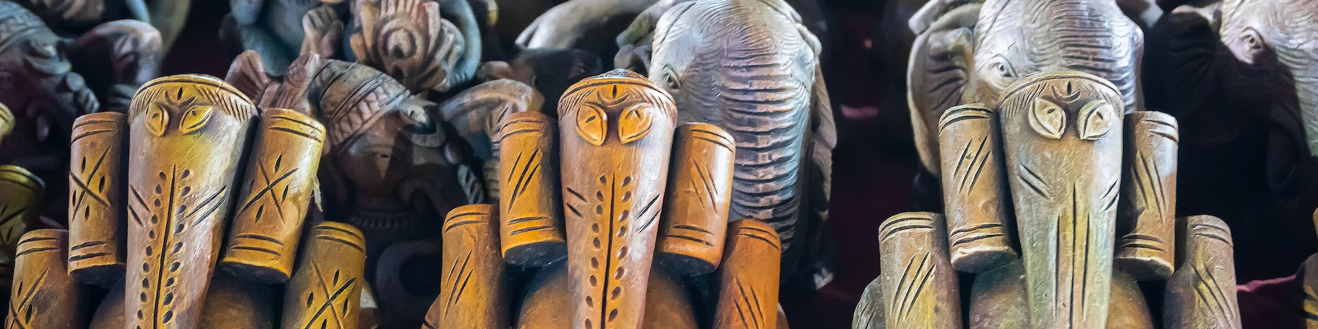 Colorful Lord Ganesha, Terracotta dolls displayed, made in Krishnanagar, Nadia, West Bengal, for sale in Handicraft Fair in Kolkata. Biggest handicraft fair in Asia.