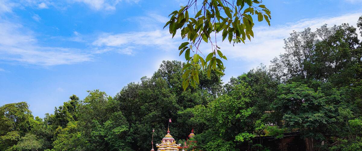 A waterfall cascading over rocks, surrounded by lush greenery and a temple in the background.