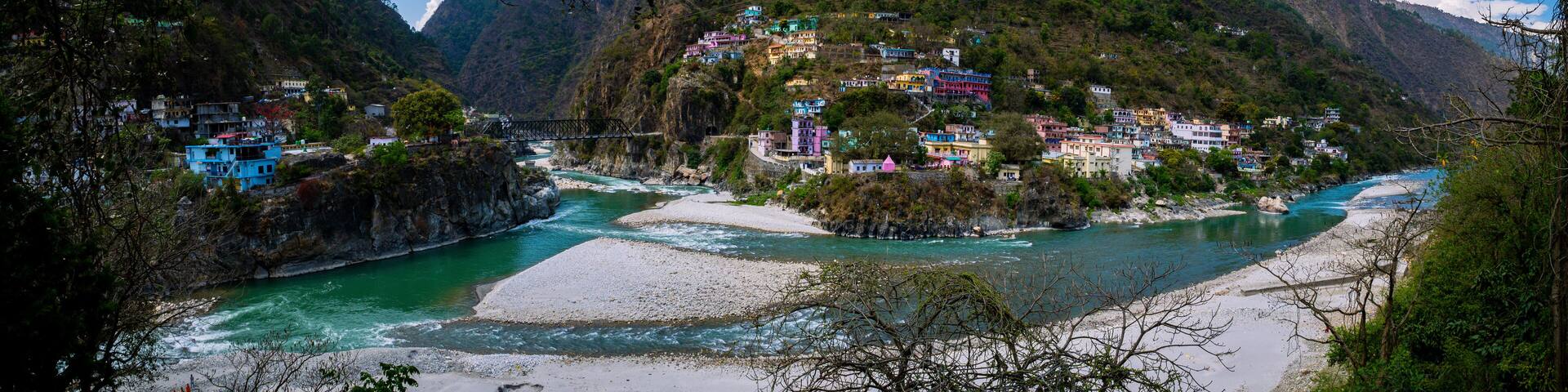 Karnaprayag Chamoli Uttarakhand - The Junction of Alaknanda and Pindari Rivers, march 2023. Panorama Photography
