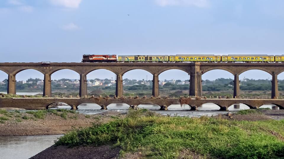 A train crossing a bridge over a river with greenery in the foreground.
