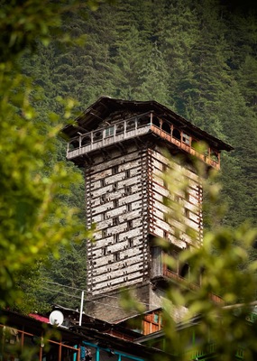 Chehni kothi/temple located in tirthan valley of banjar, Kullu, Himachal pradesh, India.