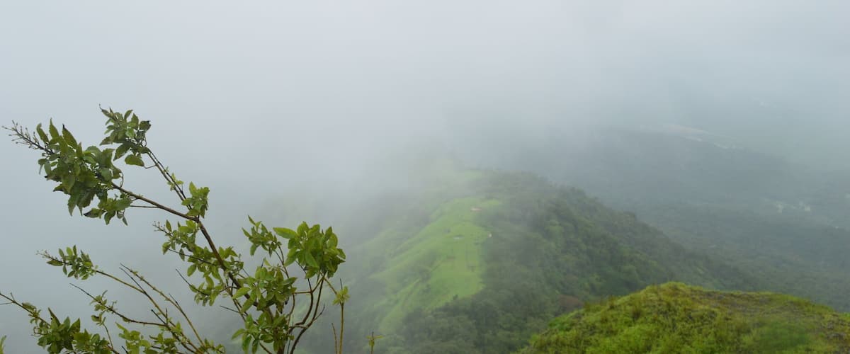 A misty mountain landscape with lush green vegetation and a river winding through the valley.