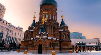 HARBIN, CHINA - JANUARY 2nd, 2022: Saint Sophia Cathedral in Harbin, was built in 1907 and turned into a museum in 1997. It stands at 53.3 meters