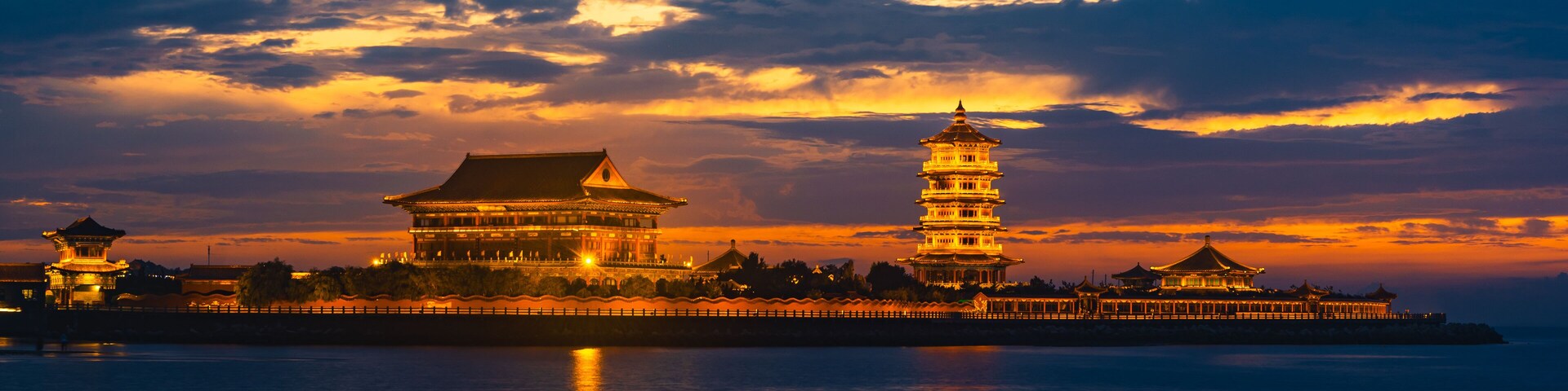 The sunset scenery at night on the seaside of Penglai District, Yantai, Shandong, China