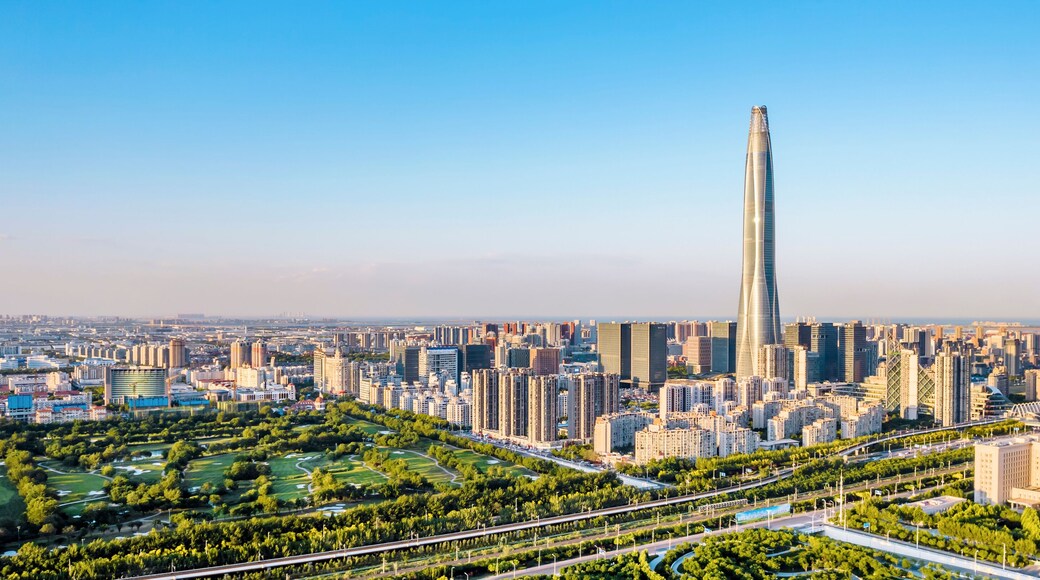 Aerial shot of the skyline of Chow Tai Fook Finance Center in Binhai New Area, Tianjin, China
