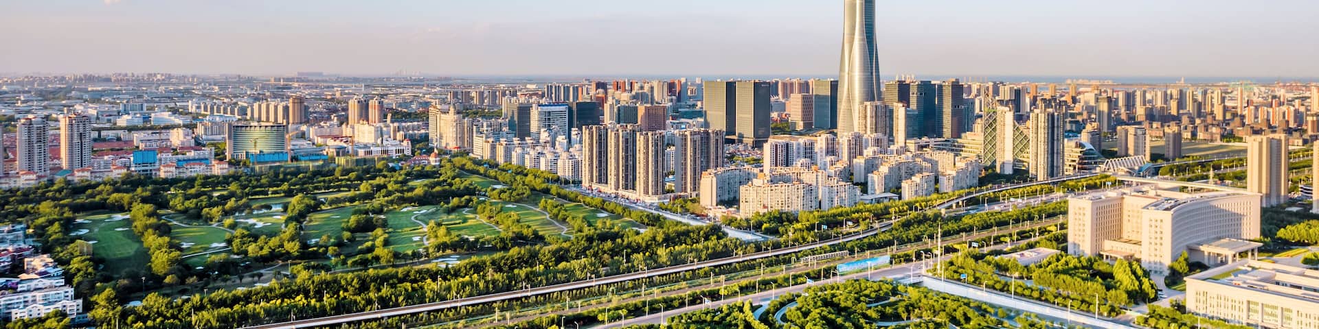 Aerial shot of the skyline of Chow Tai Fook Finance Center in Binhai New Area, Tianjin, China