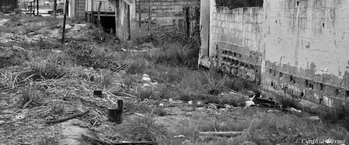 A dilapidated building with overgrown grass and debris in a rural setting.