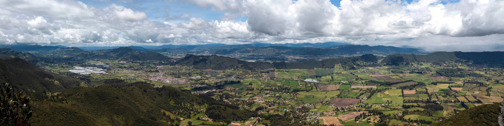 Peña de la Juaica landscape. A sacred mountain of colombian muisca pre colombus culture at Tabio town with hills and clouds at sunny day